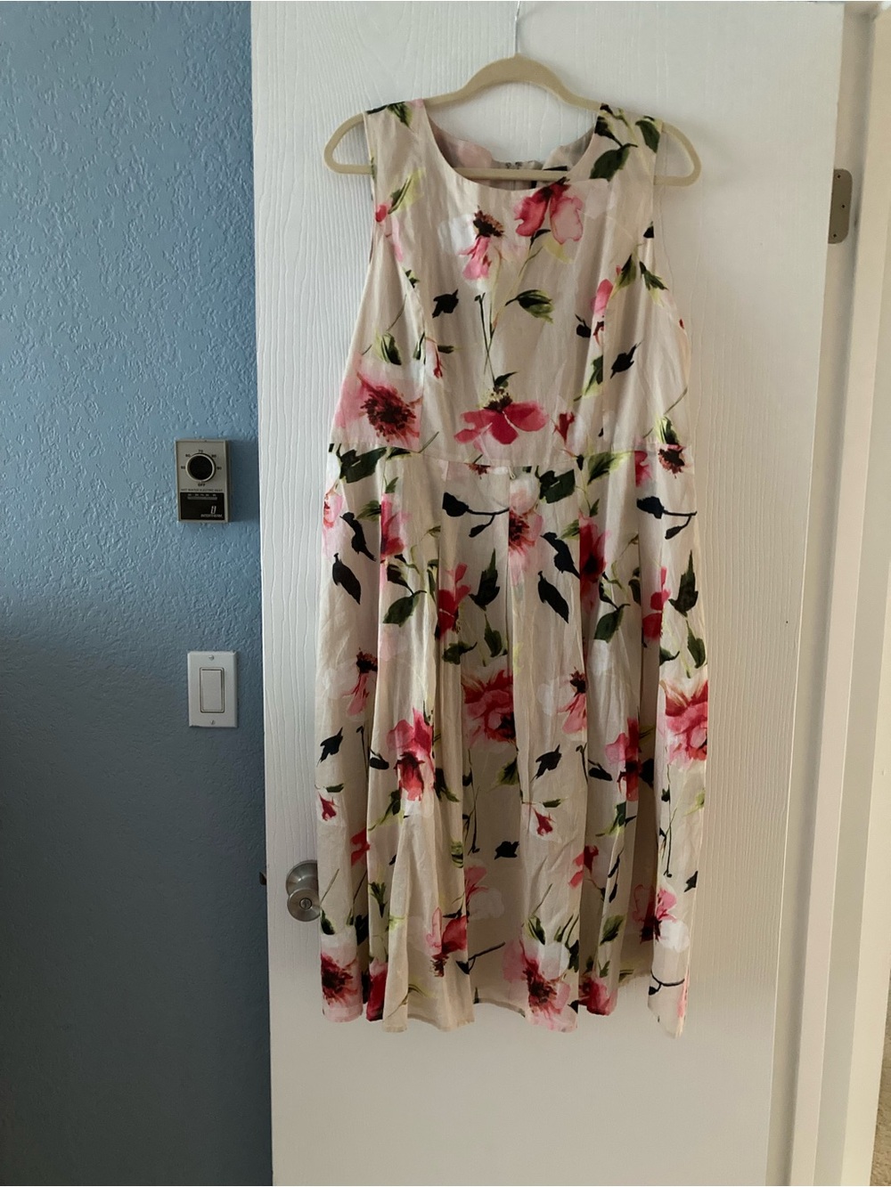 Tommy Hilfiger Floral Cream Midi Dress with Pink and Green Accents